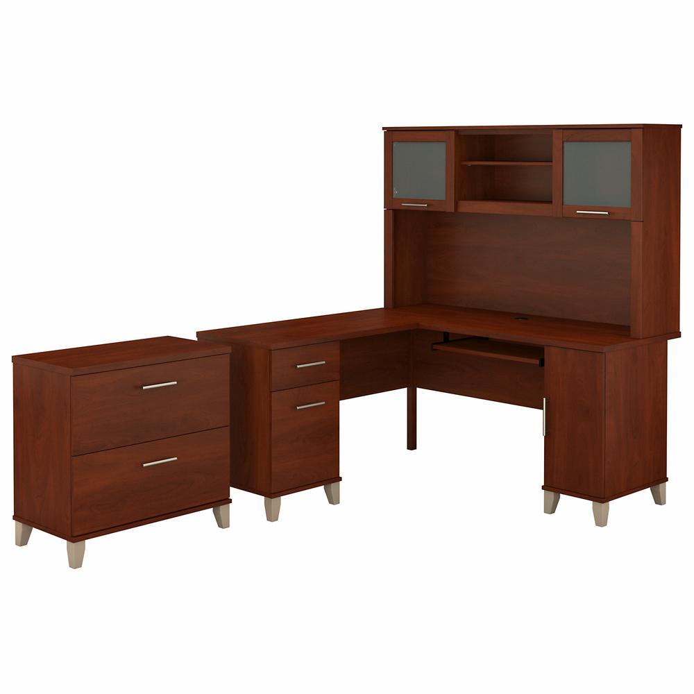 Bush Furniture Somerset 60W L Shaped Desk with Hutch and Lateral File Cabinet, Hansen Cherry. Picture 1