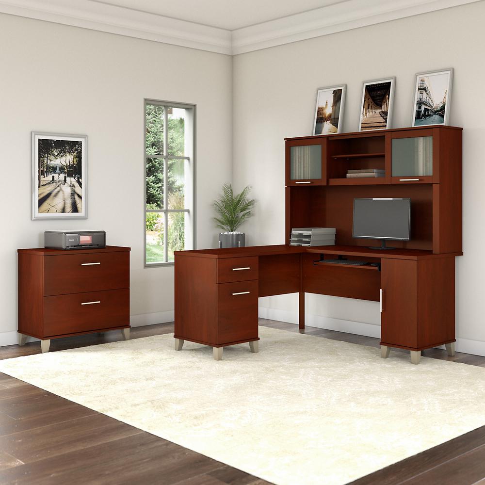 Bush Furniture Somerset 60W L Shaped Desk with Hutch and Lateral File Cabinet, Hansen Cherry. Picture 2