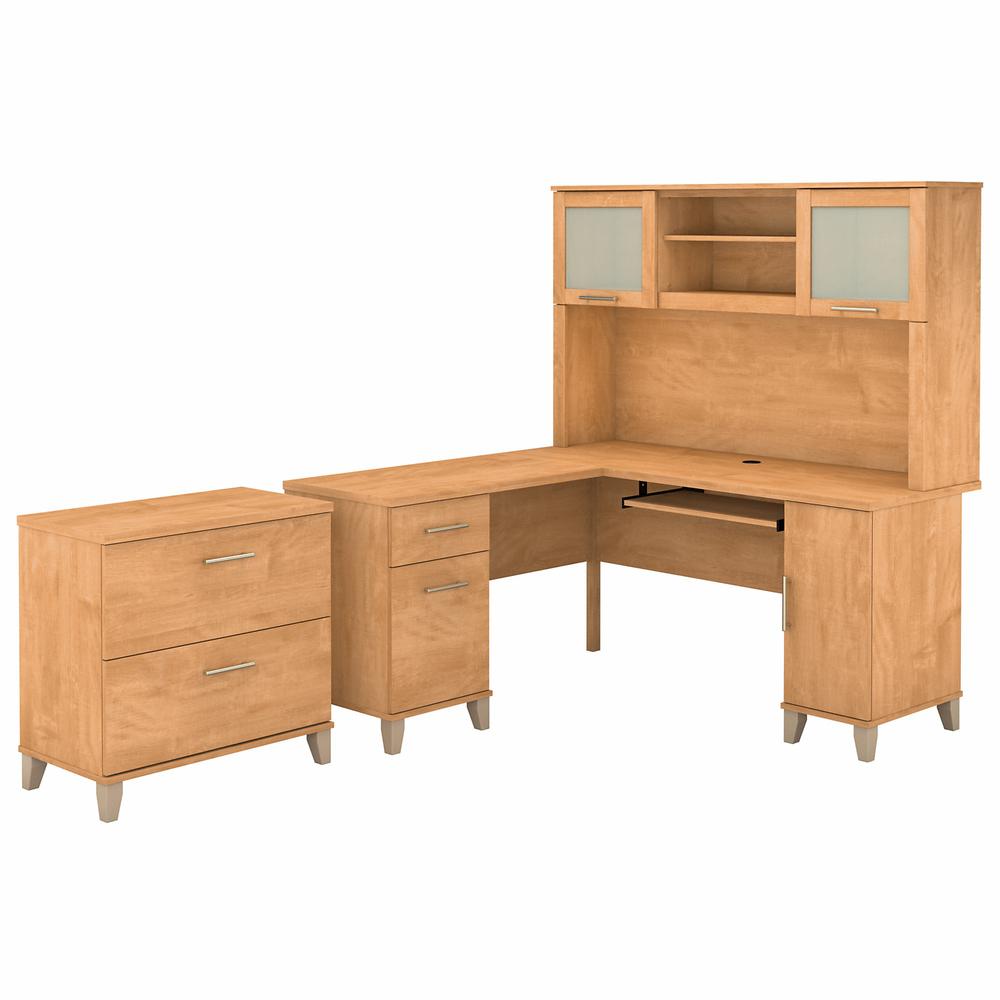 Bush Furniture Somerset 60W L Shaped Desk with Hutch and Lateral File Cabinet, Maple Cross. Picture 1
