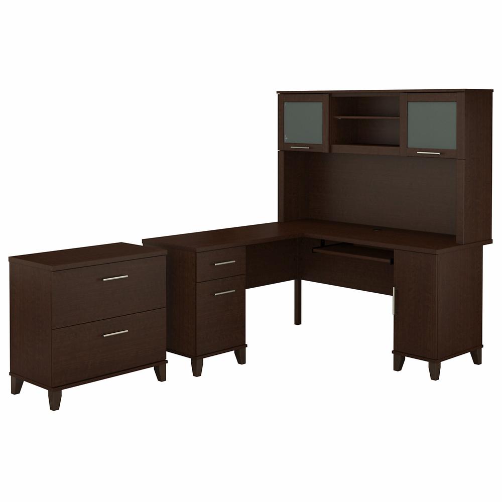 Bush Furniture Somerset 60W L Shaped Desk with Hutch and Lateral File Cabinet, Mocha Cherry. Picture 1