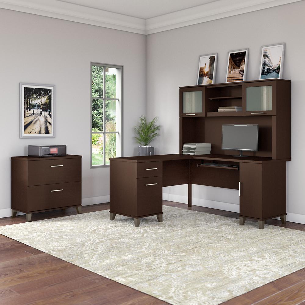 Bush Furniture Somerset 60W L Shaped Desk with Hutch and Lateral File Cabinet, Mocha Cherry. Picture 2