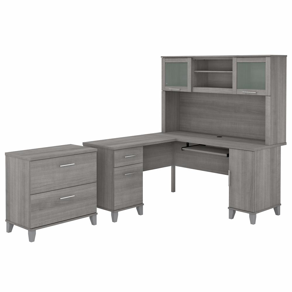 Bush Furniture Somerset 60W L Shaped Desk with Hutch and Lateral File Cabinet, Platinum Gray. Picture 1