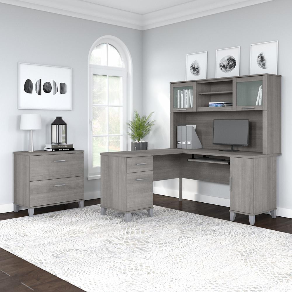 Bush Furniture Somerset 60W L Shaped Desk with Hutch and Lateral File Cabinet, Platinum Gray. Picture 2