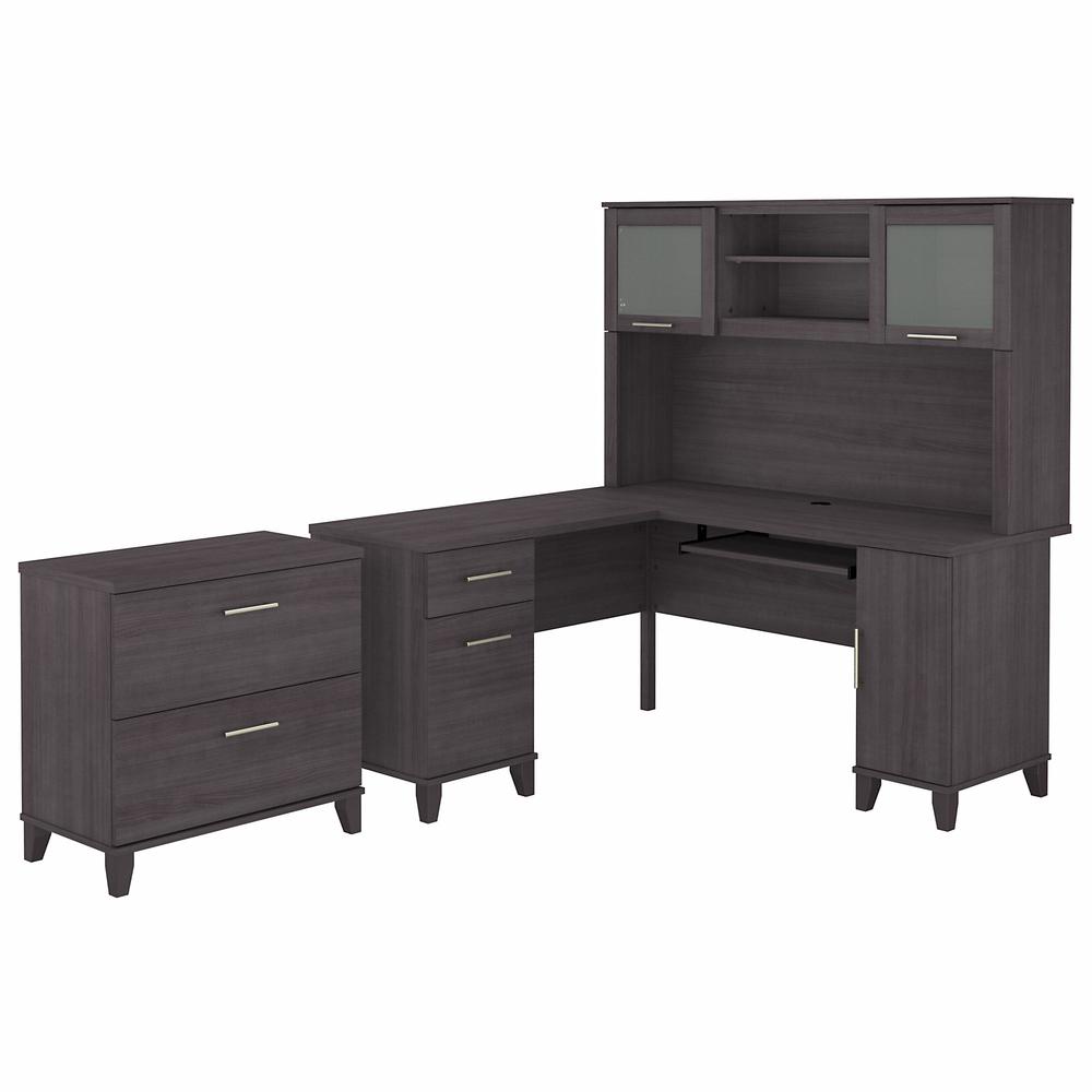 Bush Furniture Somerset 60W L Shaped Desk with Hutch and Lateral File Cabinet, Storm Gray. Picture 2