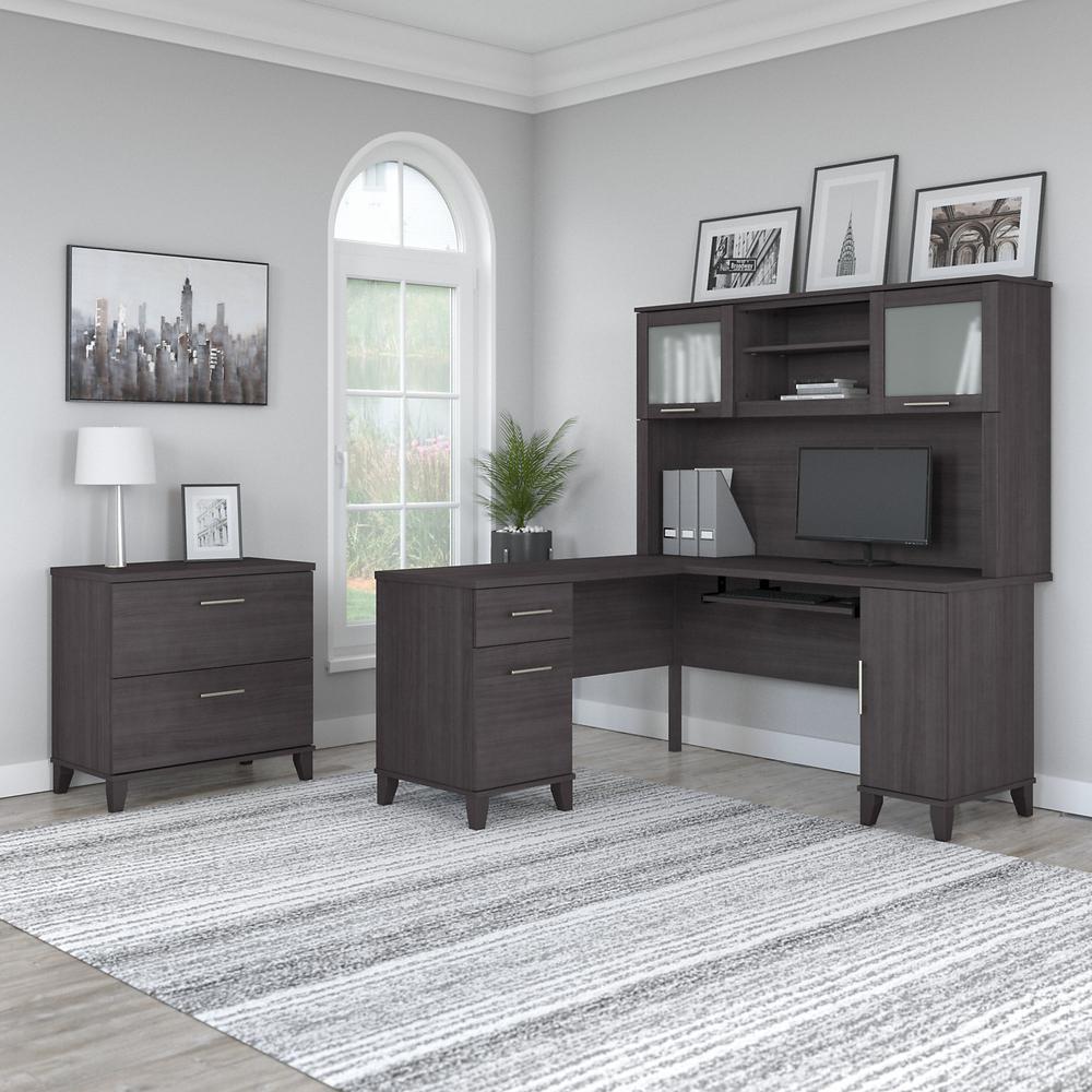 Bush Furniture Somerset 60W L Shaped Desk with Hutch and Lateral File Cabinet, Storm Gray. Picture 3