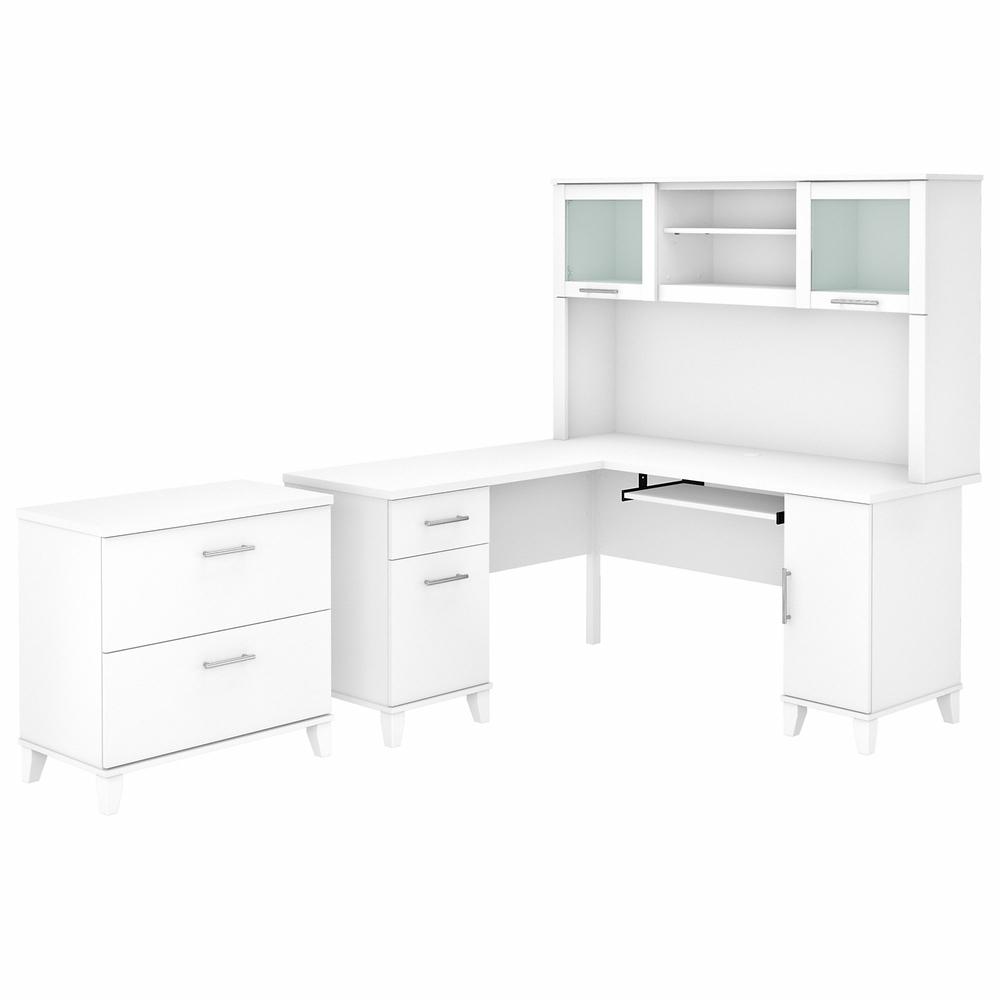 Bush Furniture Somerset 60W L Shaped Desk with Hutch and Lateral File Cabinet, White. Picture 1