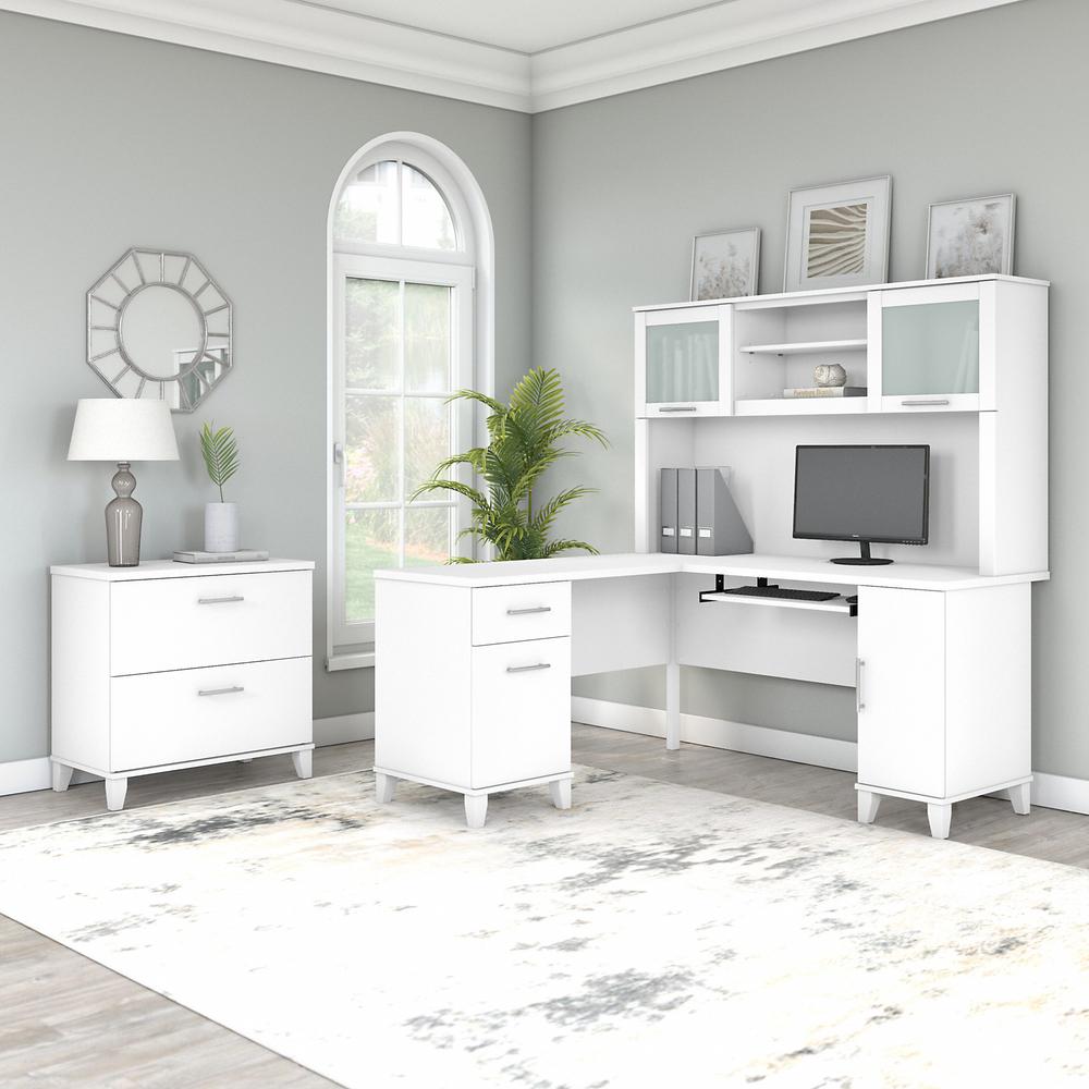 Bush Furniture Somerset 60W L Shaped Desk with Hutch and Lateral File Cabinet, White. Picture 2