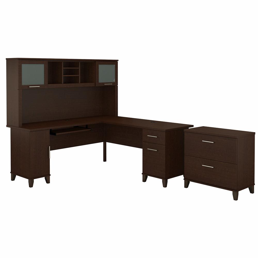 Bush Furniture Somerset 72W L Shaped Desk with Hutch and Lateral File Cabinet, Mocha Cherry. Picture 1