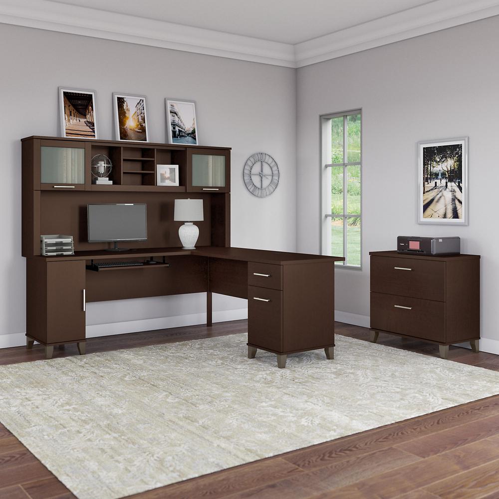 Bush Furniture Somerset 72W L Shaped Desk with Hutch and Lateral File Cabinet, Mocha Cherry. Picture 2