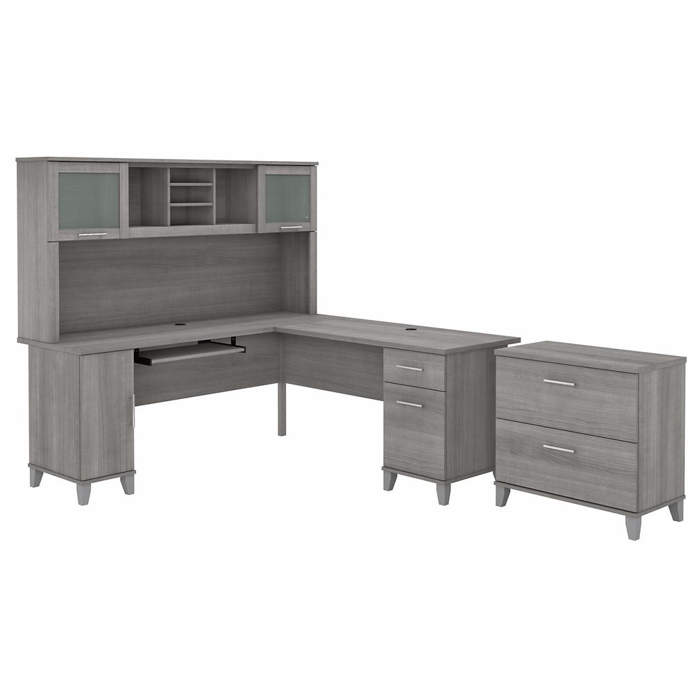 Bush Furniture Somerset 72W L Shaped Desk with Hutch and Lateral File Cabinet, Platinum Gray. Picture 1