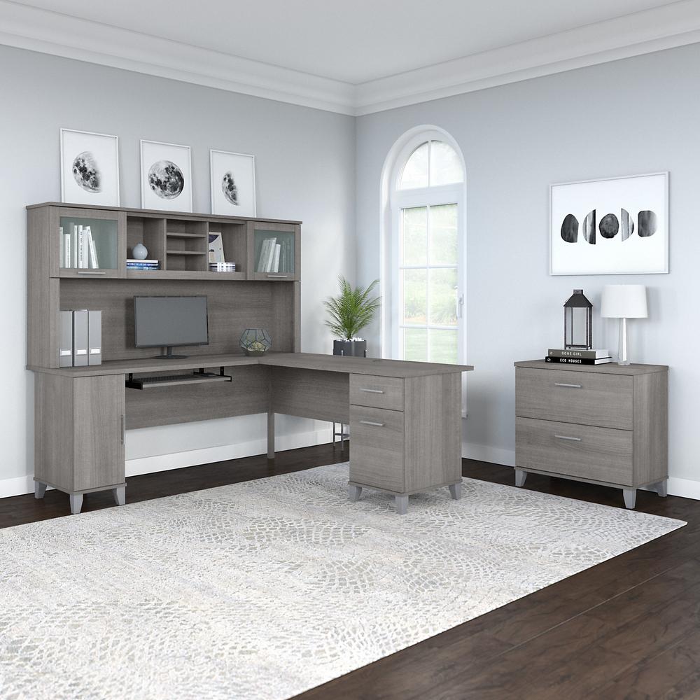 Bush Furniture Somerset 72W L Shaped Desk with Hutch and Lateral File Cabinet, Platinum Gray. Picture 2
