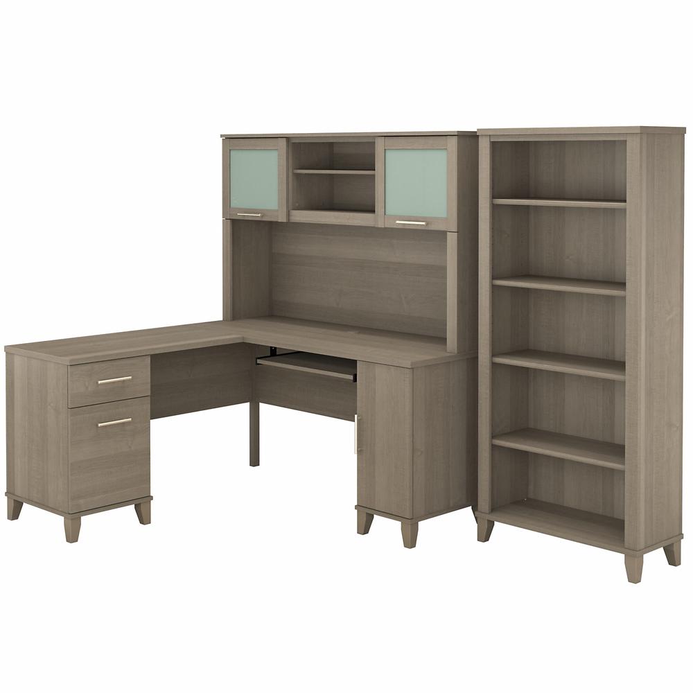 Bush Furniture Somerset 60W L Shaped Desk with Hutch and 5 Shelf Bookcase, Ash Gray. Picture 1