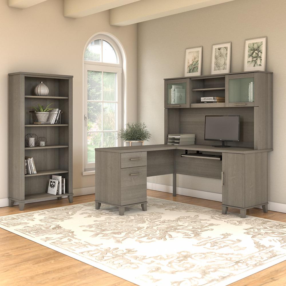 Bush Furniture Somerset 60W L Shaped Desk with Hutch and 5 Shelf Bookcase, Ash Gray. Picture 2