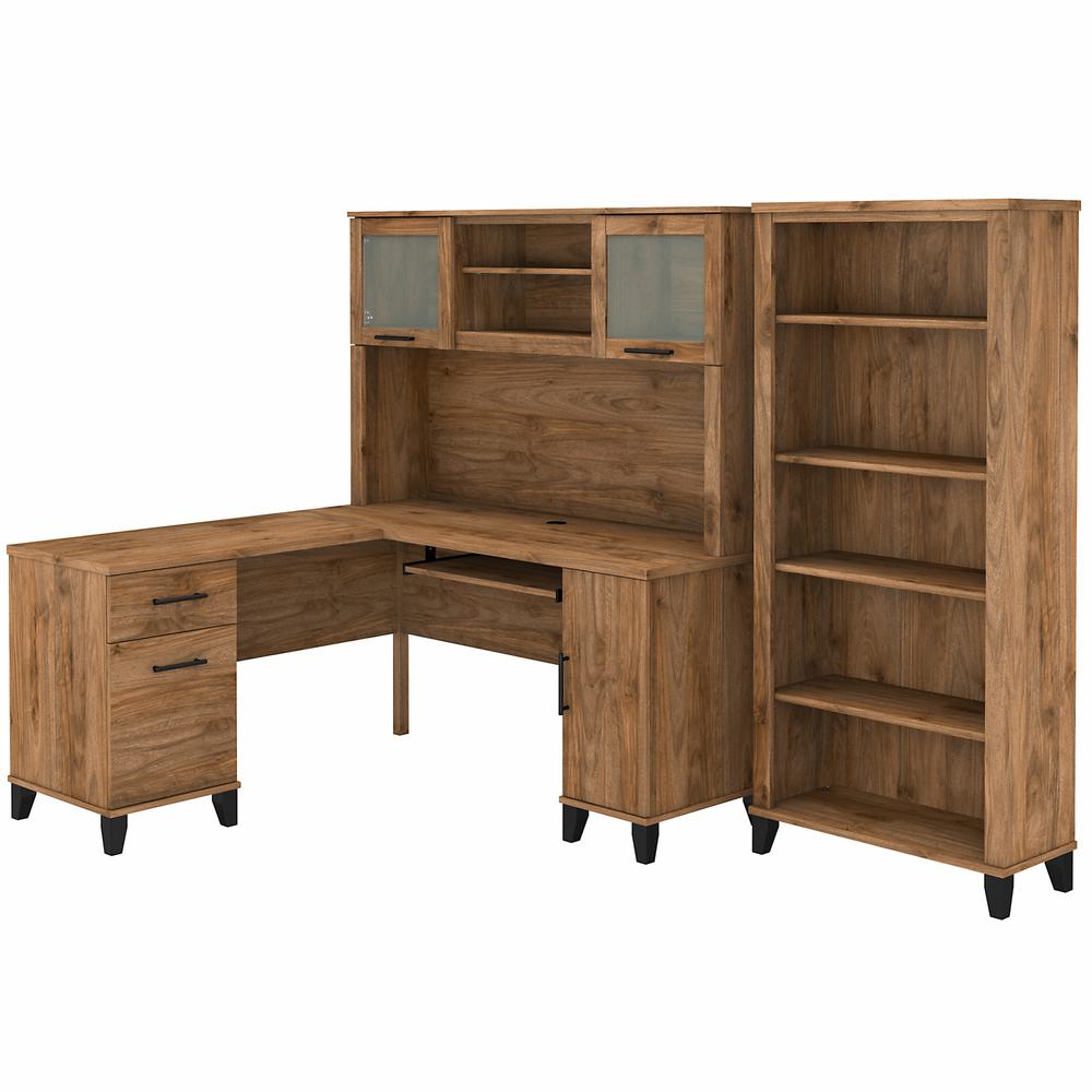 Bush Furniture Somerset 60W L Shaped Desk with Hutch and 5 Shelf Bookcase, Fresh Walnut. Picture 1