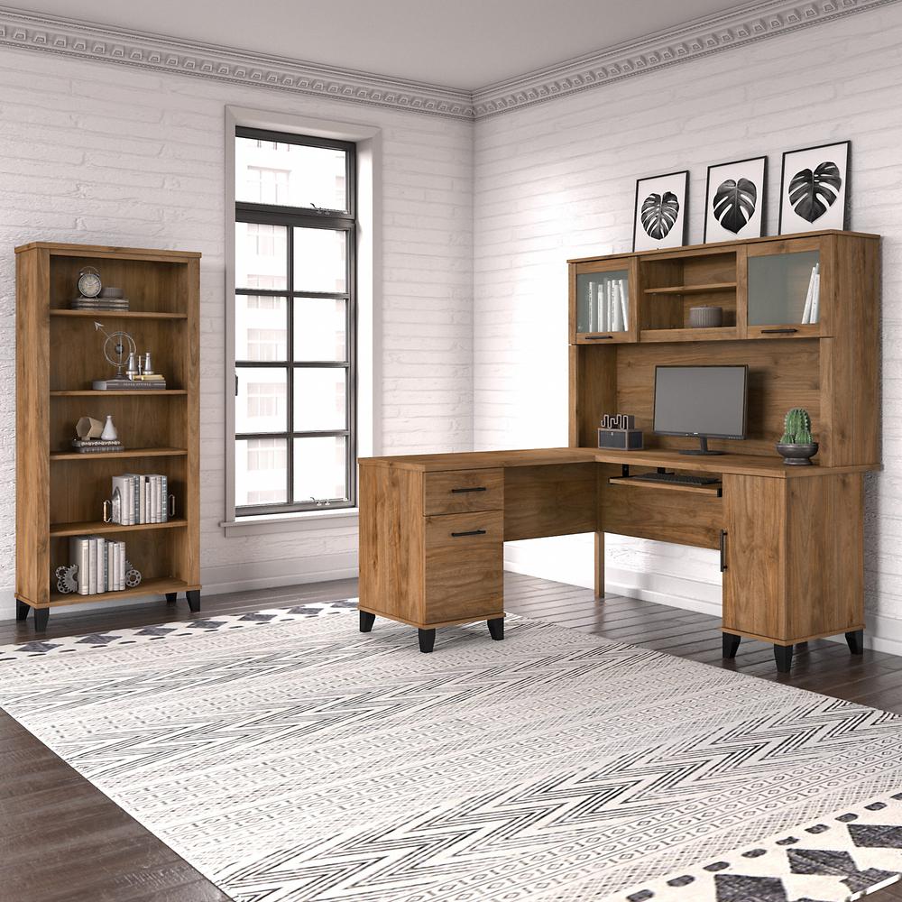 Bush Furniture Somerset 60W L Shaped Desk with Hutch and 5 Shelf Bookcase, Fresh Walnut. Picture 2
