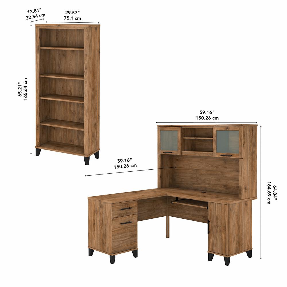 Bush Furniture Somerset 60W L Shaped Desk with Hutch and 5 Shelf Bookcase, Fresh Walnut. Picture 5