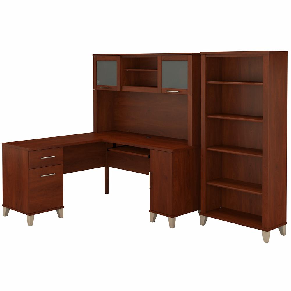 Bush Furniture Somerset 60W L Shaped Desk with Hutch and 5 Shelf Bookcase, Hansen Cherry. Picture 1