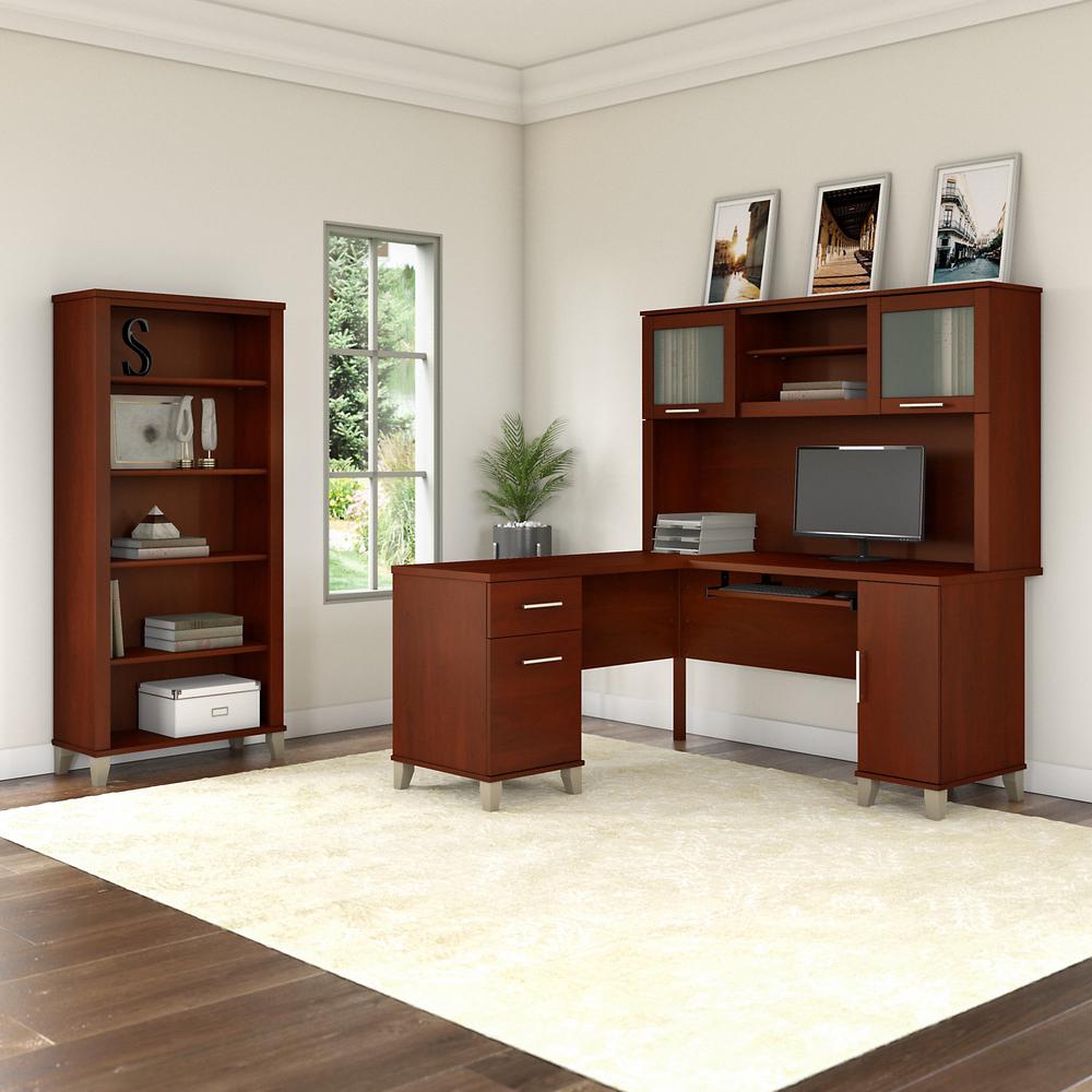 Bush Furniture Somerset 60W L Shaped Desk with Hutch and 5 Shelf Bookcase, Hansen Cherry. Picture 2