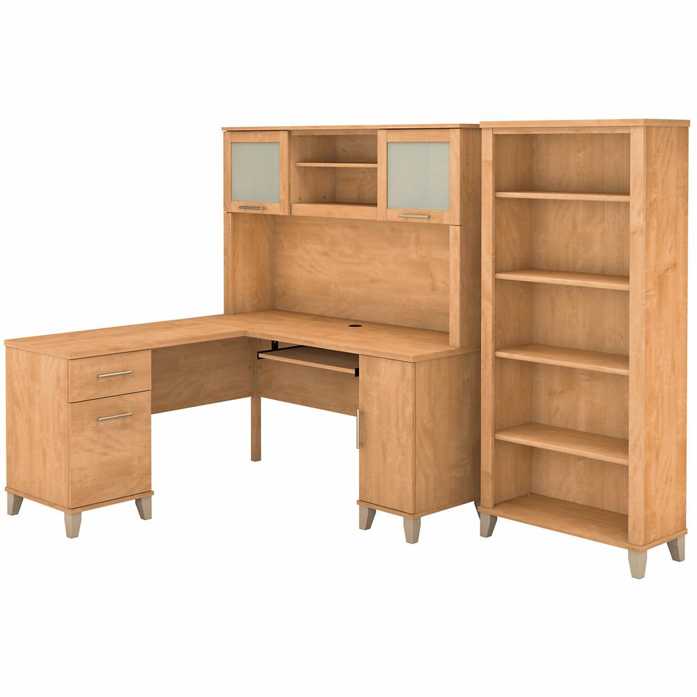 Bush Furniture Somerset 60W L Shaped Desk with Hutch and 5 Shelf Bookcase, Maple Cross. Picture 1