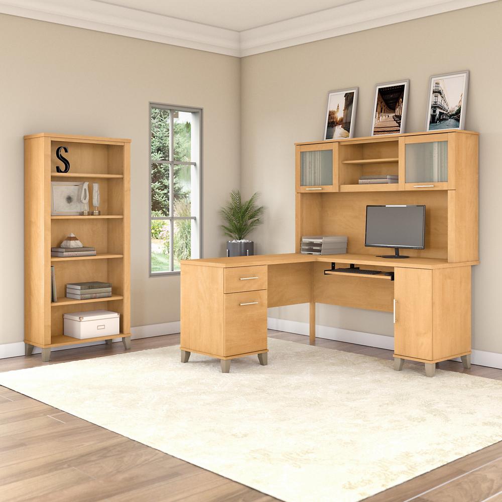 Bush Furniture Somerset 60W L Shaped Desk with Hutch and 5 Shelf Bookcase, Maple Cross. Picture 3