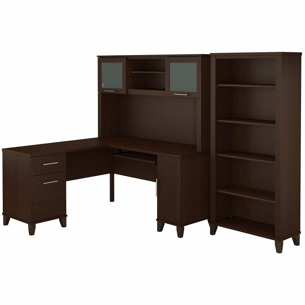 Bush Furniture Somerset 60W L Shaped Desk with Hutch and 5 Shelf Bookcase, Mocha Cherry. Picture 1