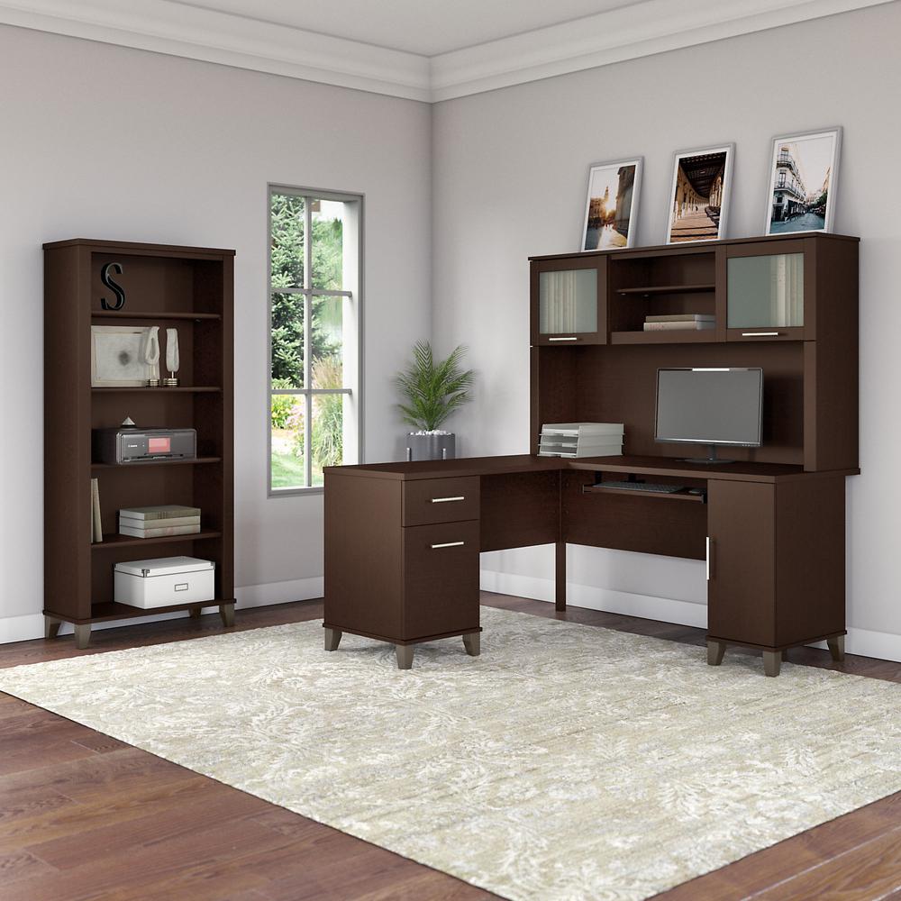 Bush Furniture Somerset 60W L Shaped Desk with Hutch and 5 Shelf Bookcase, Mocha Cherry. Picture 2