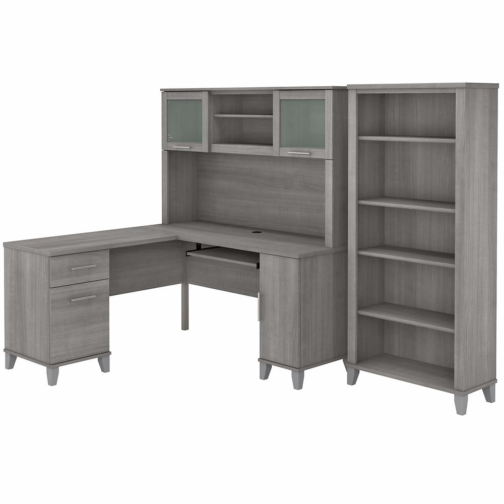 Bush Furniture Somerset 60W L Shaped Desk with Hutch and 5 Shelf Bookcase, Platinum Gray. Picture 1