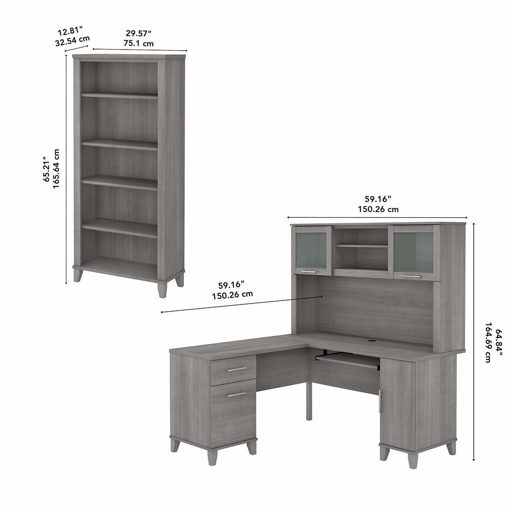 Bush Furniture Somerset 60W L Shaped Desk with Hutch and 5 Shelf Bookcase, Platinum Gray. Picture 5