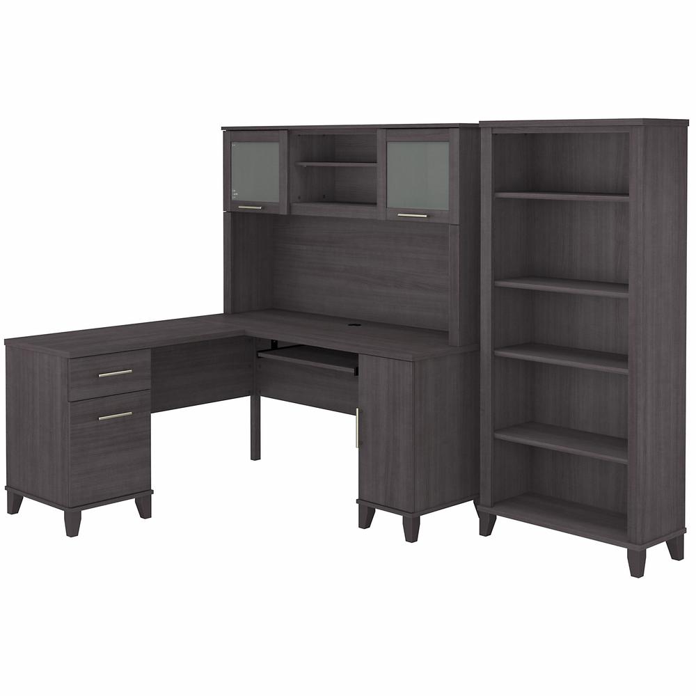 Bush Furniture Somerset 60W L Shaped Desk with Hutch and 5 Shelf Bookcase, Storm Gray. Picture 2