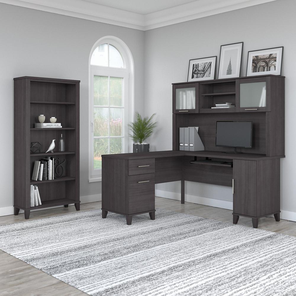 Bush Furniture Somerset 60W L Shaped Desk with Hutch and 5 Shelf Bookcase, Storm Gray. Picture 3