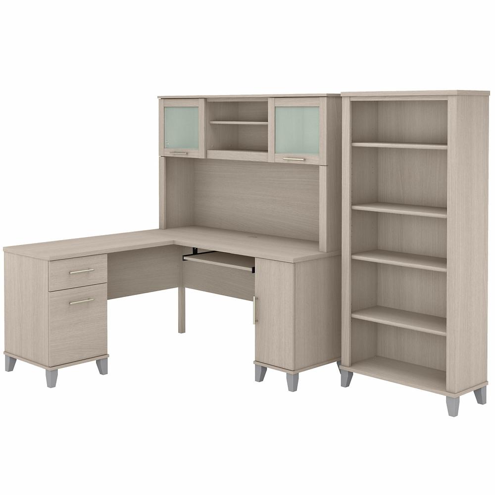 Bush Furniture Somerset 60W L Shaped Desk with Hutch and 5 Shelf Bookcase, Sand Oak. Picture 1