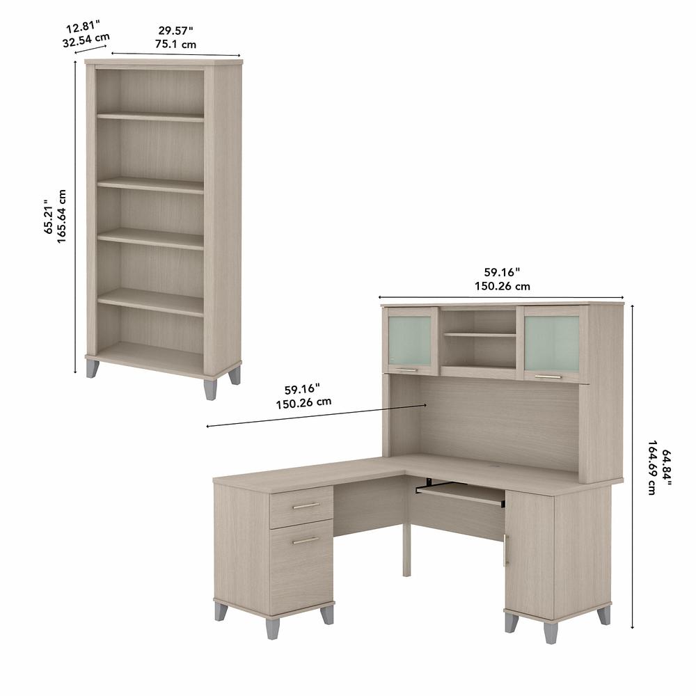 Bush Furniture Somerset 60W L Shaped Desk with Hutch and 5 Shelf Bookcase, Sand Oak. Picture 4