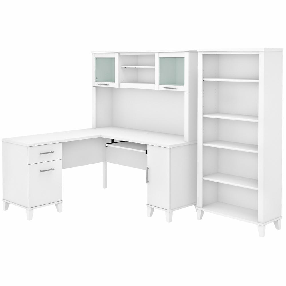 Bush Furniture Somerset 60W L Shaped Desk with Hutch and 5 Shelf Bookcase, White. Picture 1