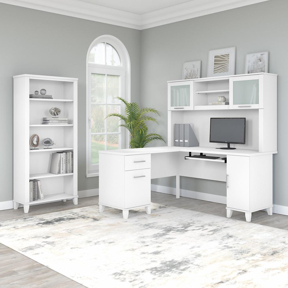 Bush Furniture Somerset 60W L Shaped Desk with Hutch and 5 Shelf Bookcase, White. Picture 2