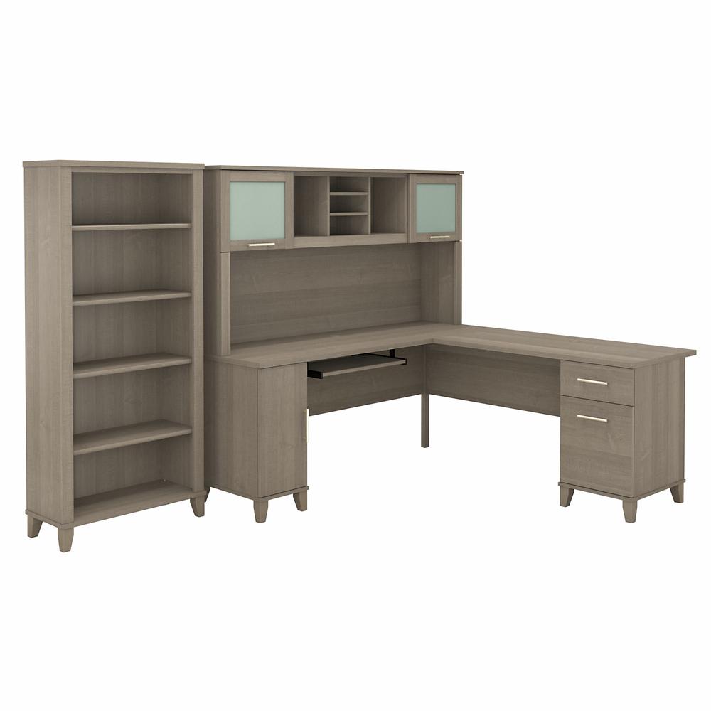 Bush Furniture Somerset 72W L Shaped Desk with Hutch and 5 Shelf Bookcase, Ash Gray. Picture 1