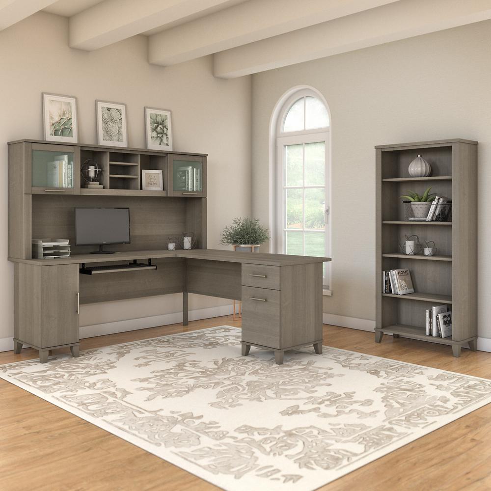 Bush Furniture Somerset 72W L Shaped Desk with Hutch and 5 Shelf Bookcase, Ash Gray. Picture 2