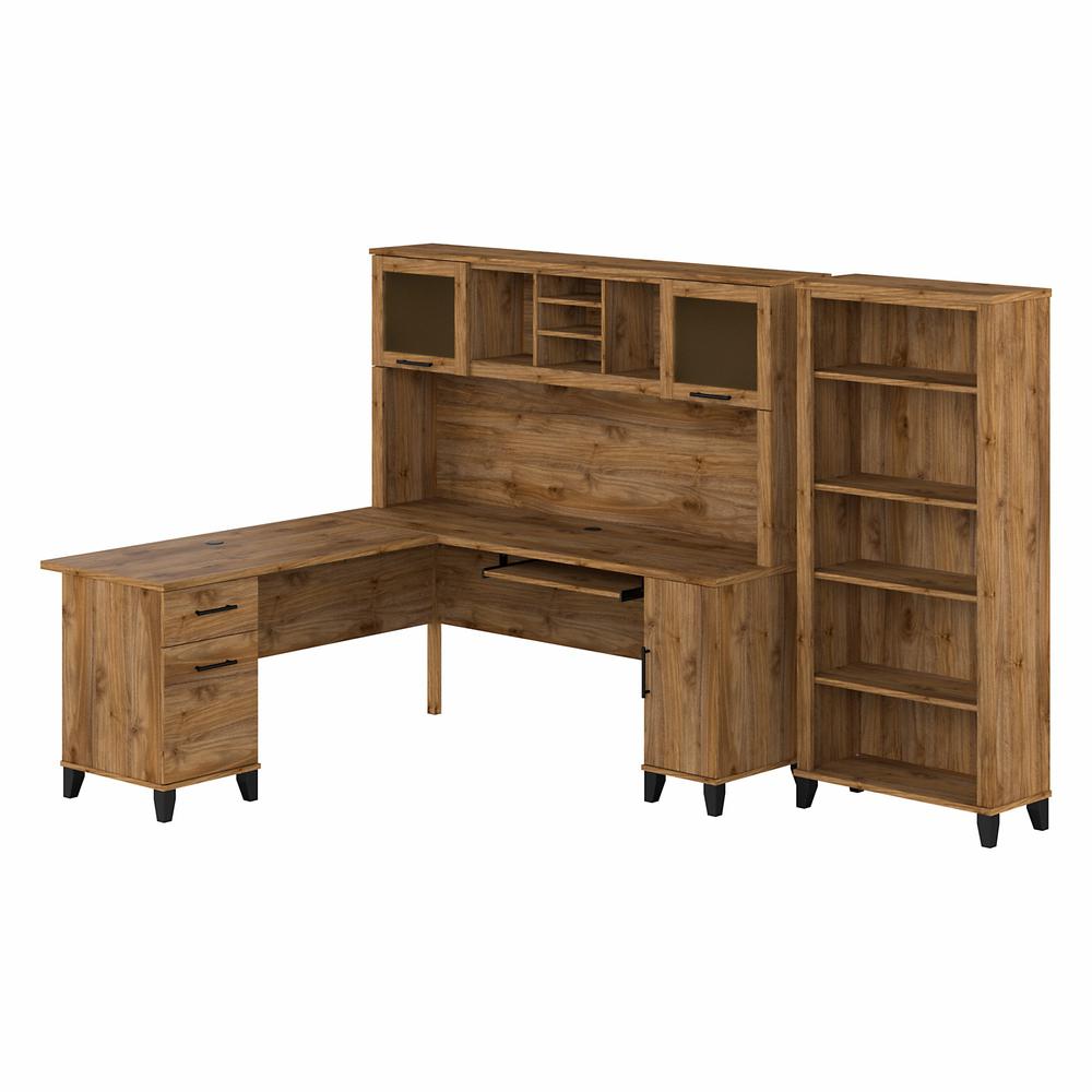 Bush Furniture Somerset 72W L Shaped Desk with Hutch and 5 Shelf Bookcase, Fresh Walnut. Picture 1