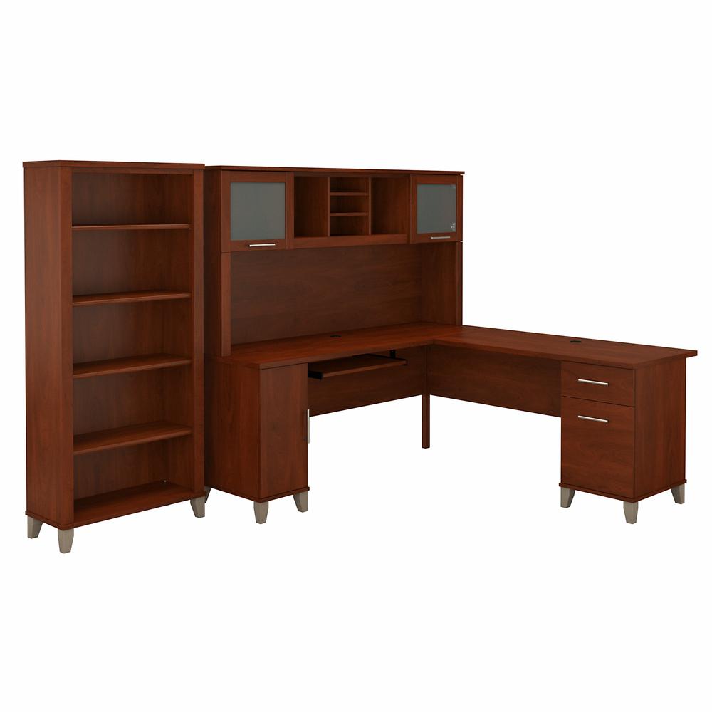 Bush Furniture Somerset 72W L Shaped Desk with Hutch and 5 Shelf Bookcase, Hansen Cherry. Picture 1