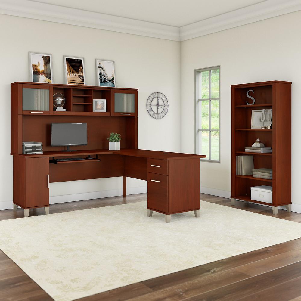 Bush Furniture Somerset 72W L Shaped Desk with Hutch and 5 Shelf Bookcase, Hansen Cherry. Picture 2