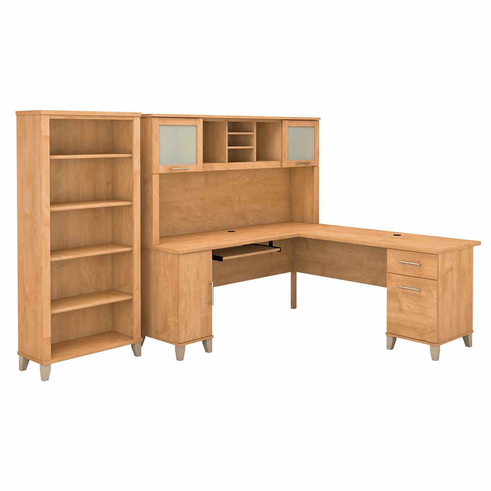 Bush Furniture Somerset 72W L Shaped Desk with Hutch and 5 Shelf Bookcase, Maple Cross. Picture 1