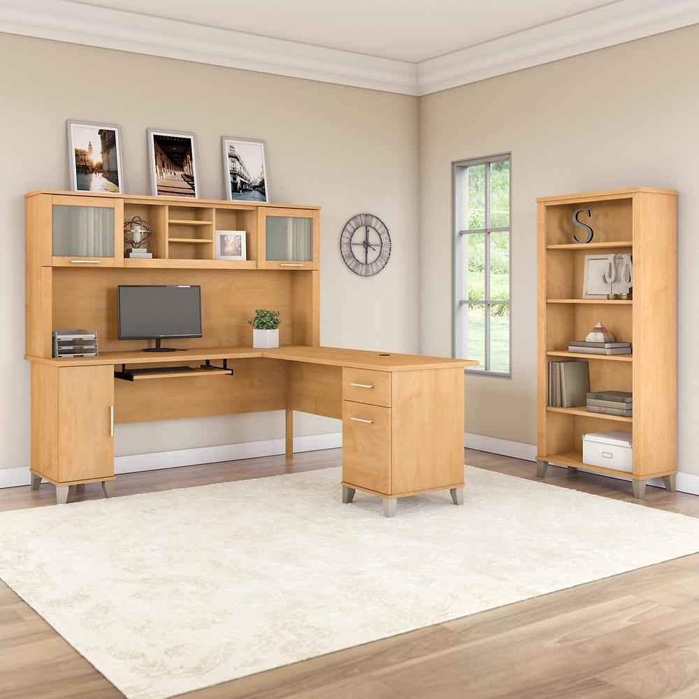 Bush Furniture Somerset 72W L Shaped Desk with Hutch and 5 Shelf Bookcase, Maple Cross. Picture 2