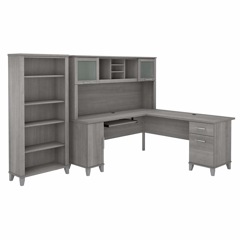 Bush Furniture Somerset 72W L Shaped Desk with Hutch and 5 Shelf Bookcase, Platinum Gray. Picture 1