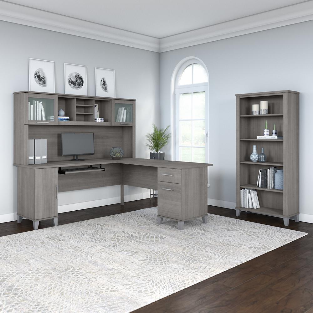 Bush Furniture Somerset 72W L Shaped Desk with Hutch and 5 Shelf Bookcase, Platinum Gray. Picture 2
