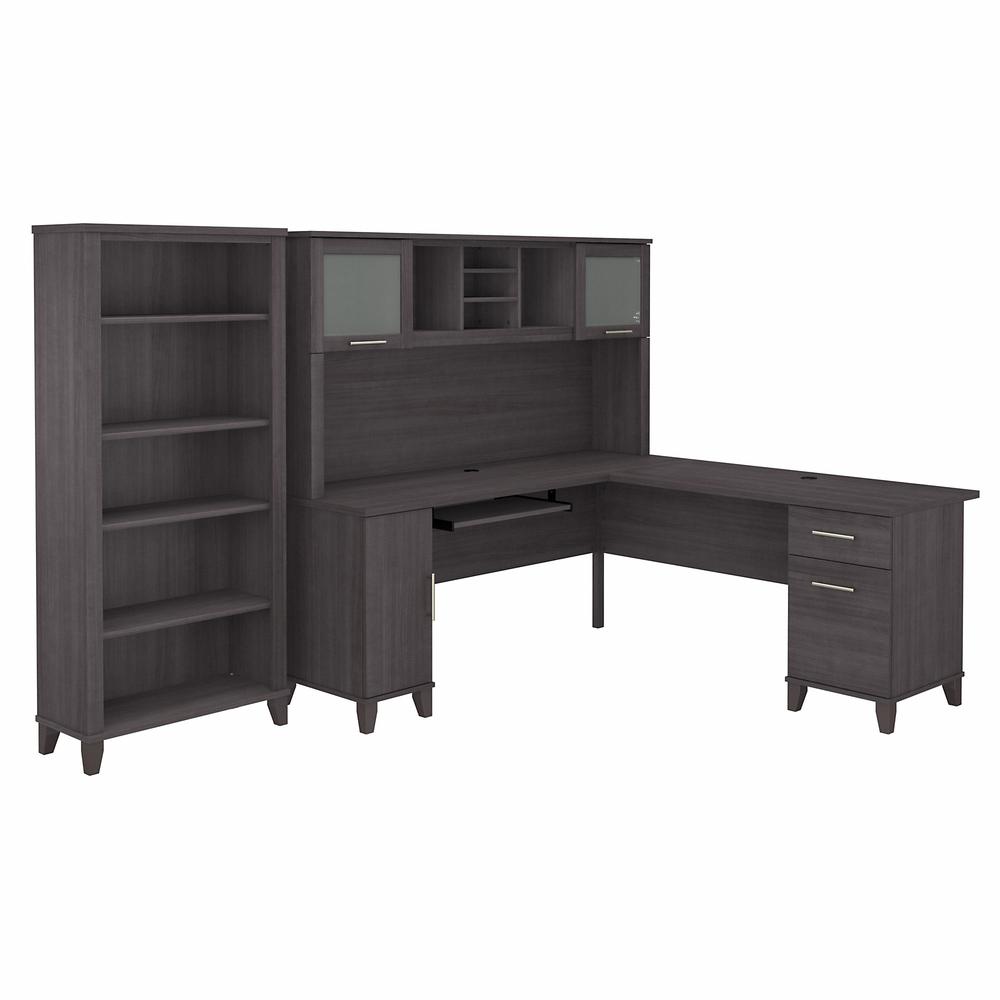 Bush Furniture Somerset 72W L Shaped Desk with Hutch and 5 Shelf Bookcase, Storm Gray. Picture 2