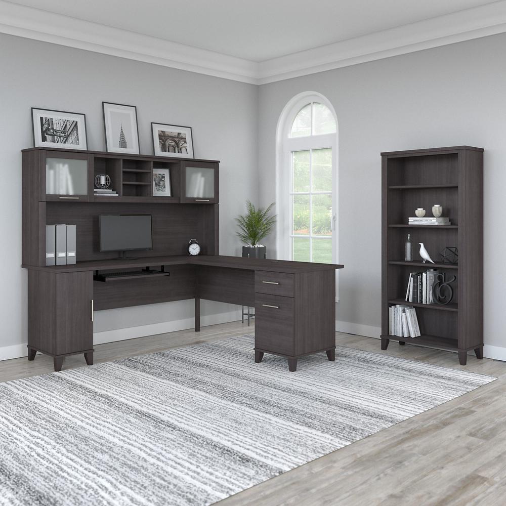 Bush Furniture Somerset 72W L Shaped Desk with Hutch and 5 Shelf Bookcase, Storm Gray. Picture 3