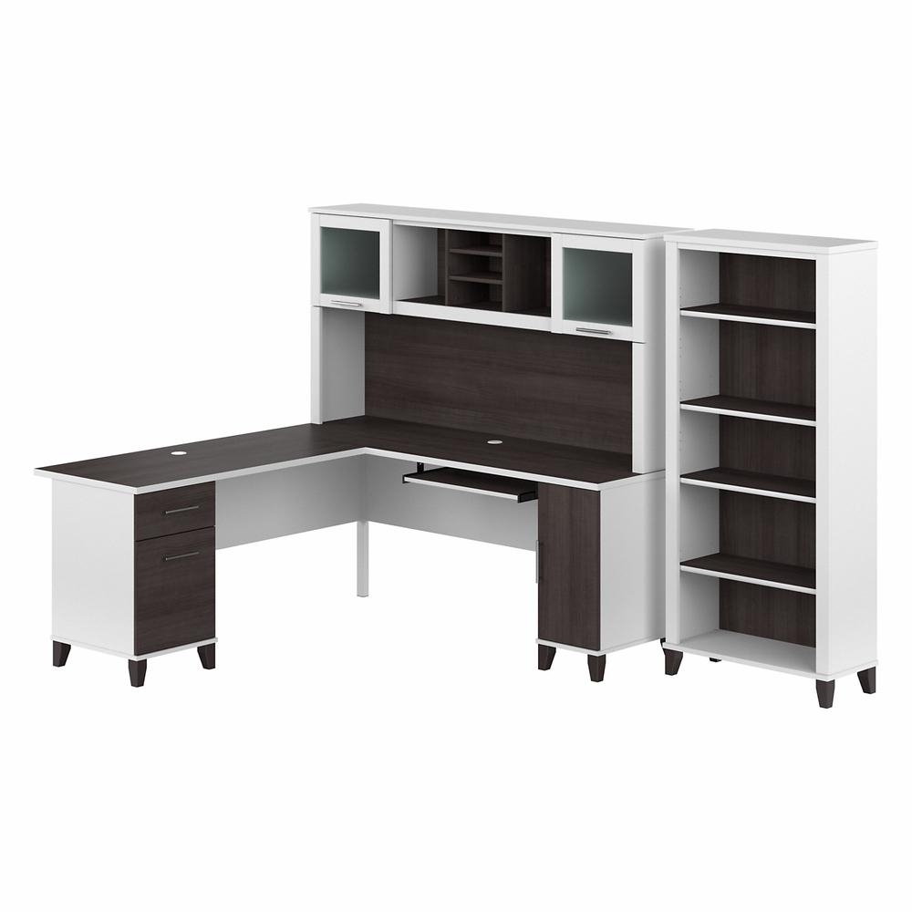 Bush Furniture Somerset 72W L Shaped Desk with Hutch and 5 Shelf Bookcase, Storm Gray. Picture 1
