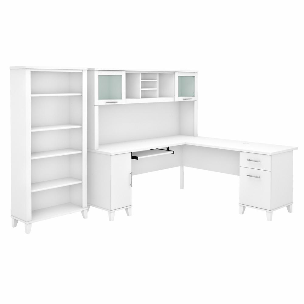 Bush Furniture Somerset 72W L Shaped Desk with Hutch and 5 Shelf Bookcase, White. Picture 1