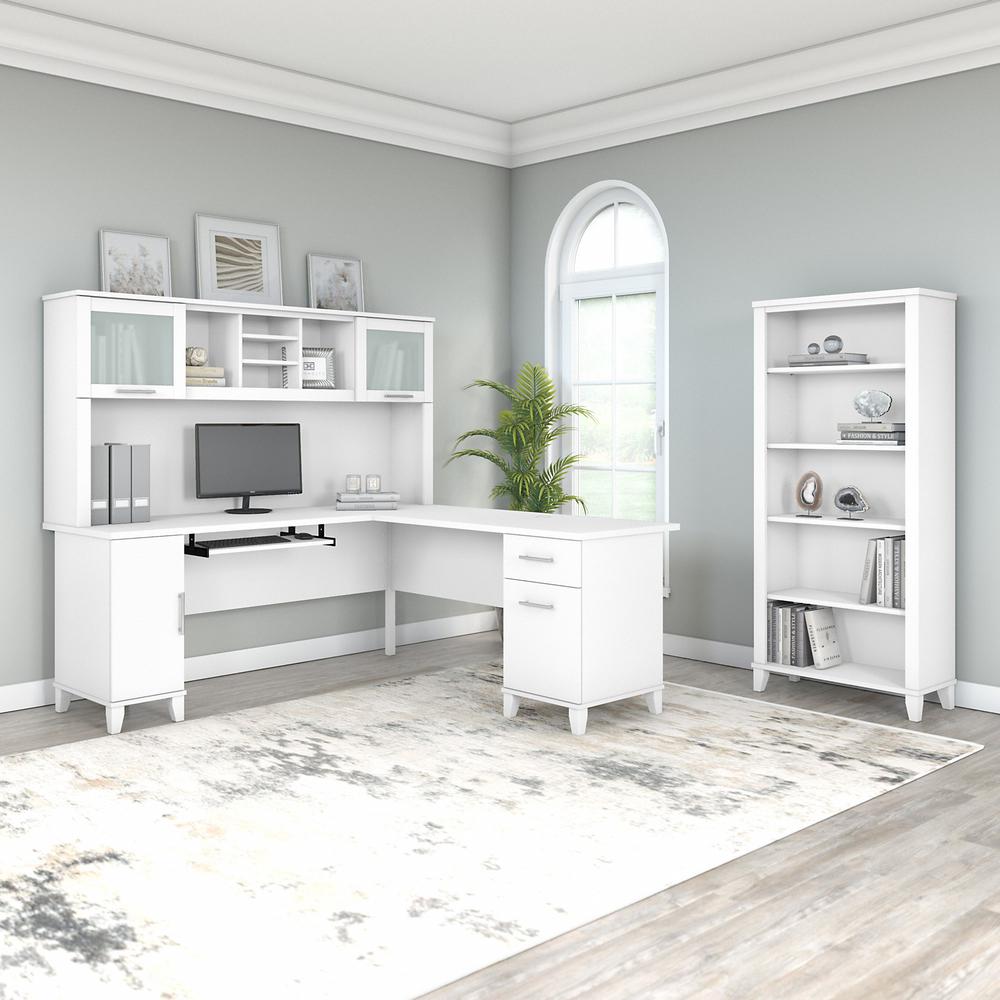 Bush Furniture Somerset 72W L Shaped Desk with Hutch and 5 Shelf Bookcase, White. Picture 2