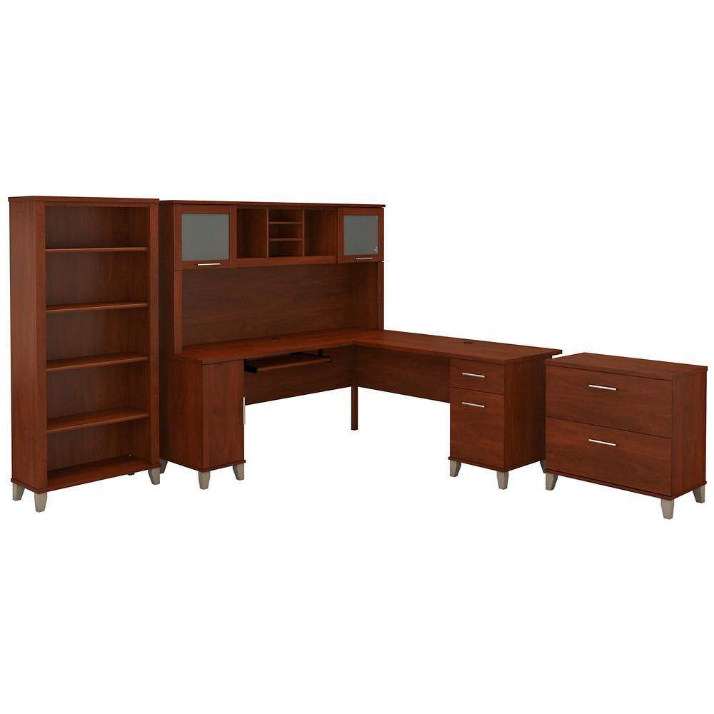 Bush Furniture Somerset 72W L Shaped Desk with Hutch, Lateral File Cabinet and Bookcase, Hansen Cherry. Picture 1