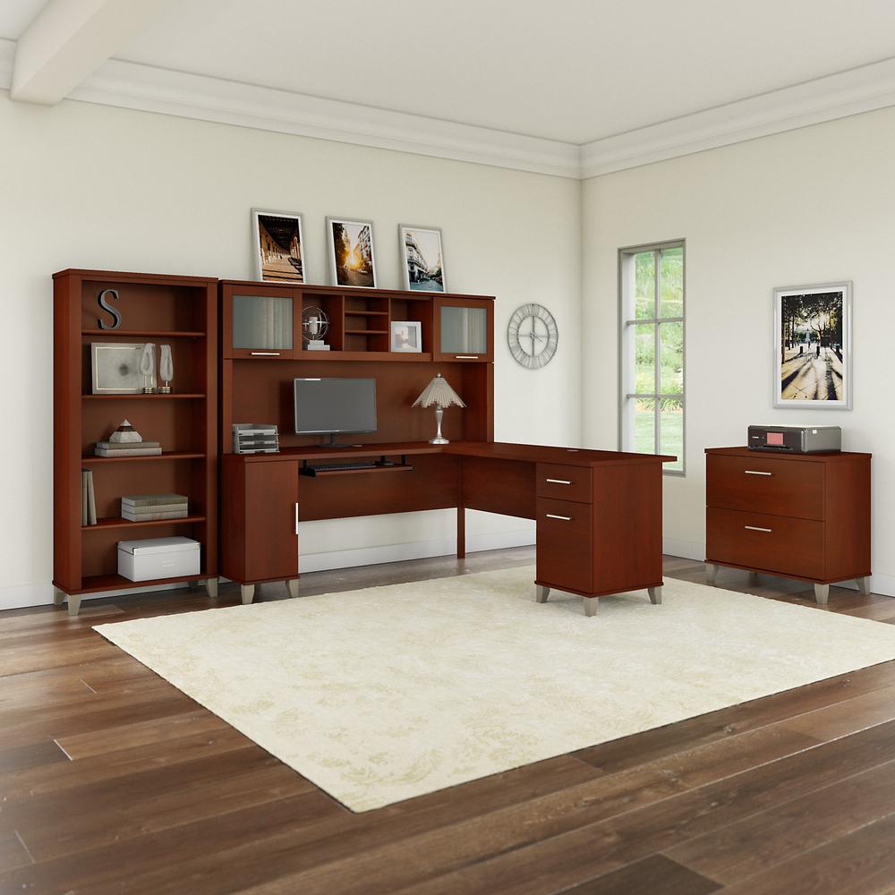 Bush Furniture Somerset 72W L Shaped Desk with Hutch, Lateral File Cabinet and Bookcase, Hansen Cherry. Picture 2